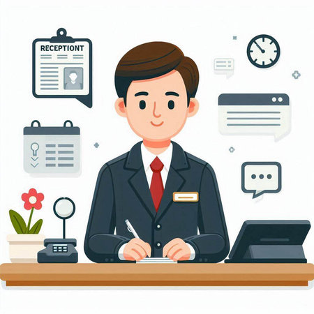 Businessman sitting at desk in office and making notes. Vector illustration.のイラスト素材