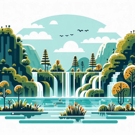 Landscape with waterfalls, lake and trees. Vector illustration.のイラスト素材