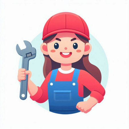 Female mechanic holding a wrench. Vector illustration in a flat style.のイラスト素材