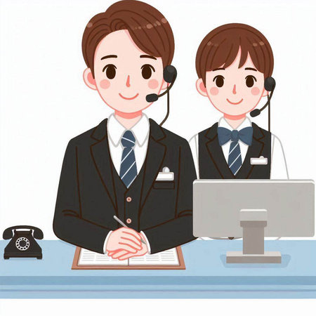 Man in a suit, call center and customer service. Vector illustration.のイラスト素材