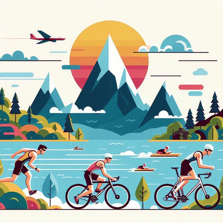 Vector illustration of a cyclist riding a bicycle on a mountain river.のイラスト素材