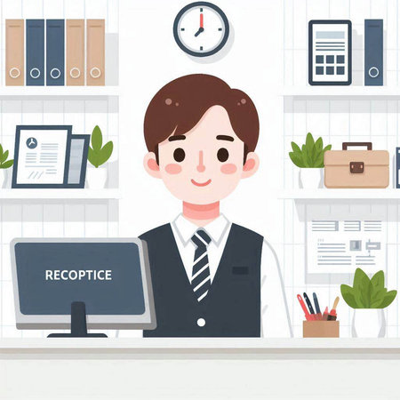 Young businessman working at the office. Vector illustration in flat style.のイラスト素材