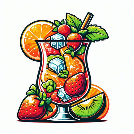 Fruit cocktail with strawberries, oranges, kiwi and mint. Vector illustration.のイラスト素材