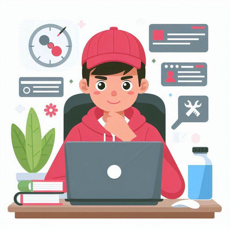 A boy in a red cap sits at a table with a laptop. Vector illustrationのイラスト素材