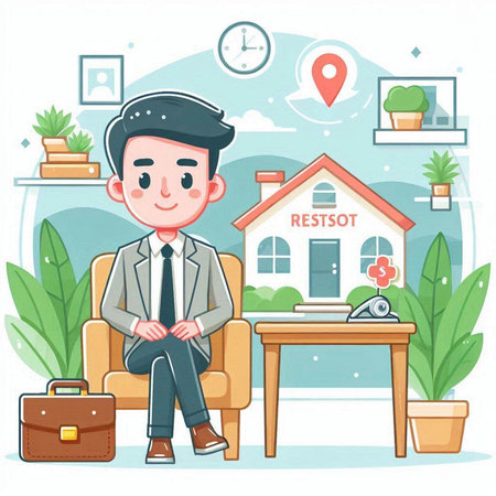 Businessman sitting at his desk in front of a house. Vector illustration.のイラスト素材