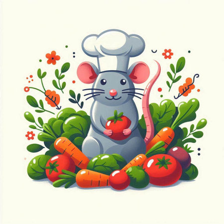Rat chef with vegetables. Vector illustration of a rat with vegetables.のイラスト素材