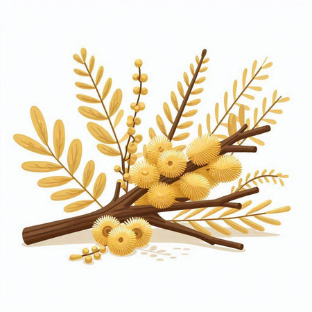 branch of acacia with flowers and leaves on a white backgroundのイラスト素材