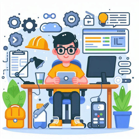 Engineer or architect working in office. Vector illustration in flat styleのイラスト素材