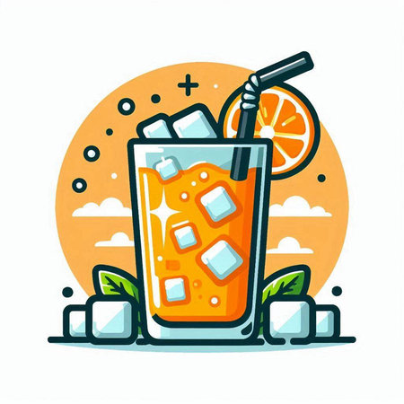 Orange juice in a glass with ice cubes and straw. Vector illustration.のイラスト素材