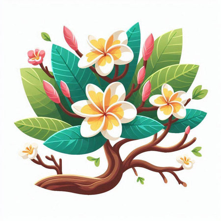 Frangipani tree with flowers and leaves isolated on white backgroundのイラスト素材
