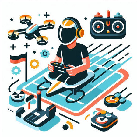 Man playing video games with controller and headphones. Vector isometric illustrationのイラスト素材
