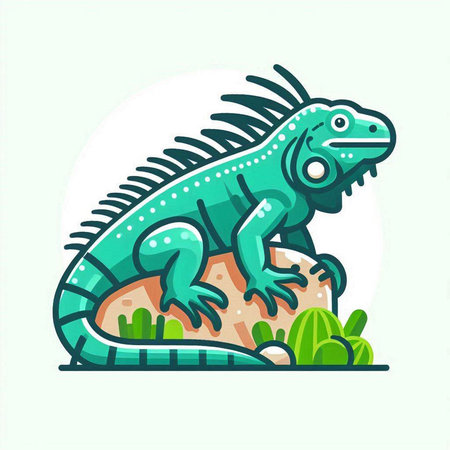 Green iguana on a rock. Vector illustration in flat style.のイラスト素材