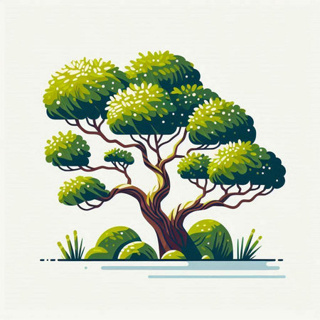 Vector illustration of a stylized tree with green leaves and grass.のイラスト素材
