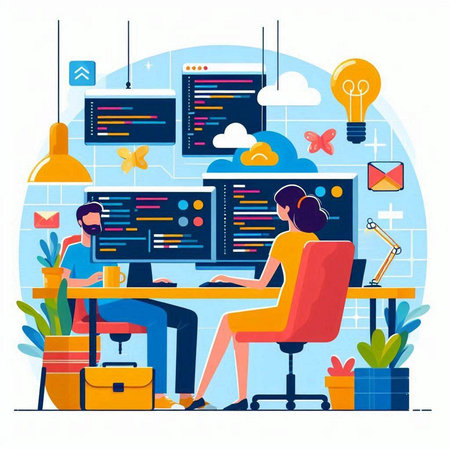 Programmers working on computers in the office. Vector illustration in flat styleのイラスト素材