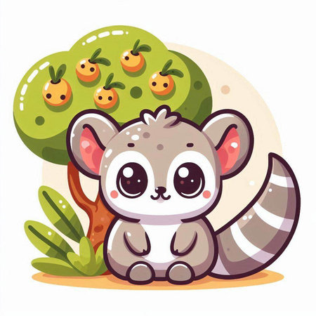 Cute baby raccoon sitting in the garden. Vector illustration.のイラスト素材