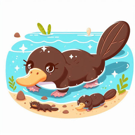 Cute little baby platypus on the beach. Vector illustrationのイラスト素材