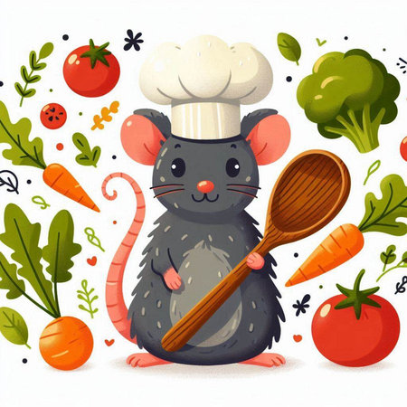 Rat chef with a wooden spoon and vegetables. Vector illustration on white background.のイラスト素材