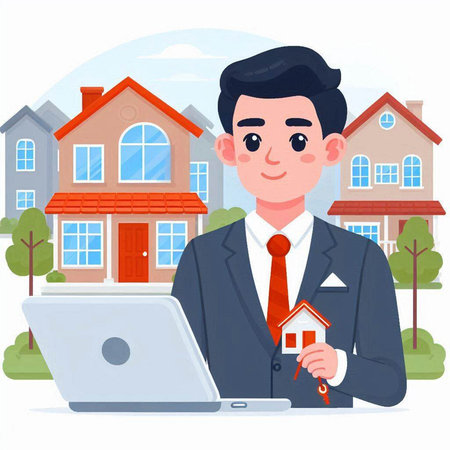 Real estate agent with house and laptop. Vector illustration in cartoon styleのイラスト素材