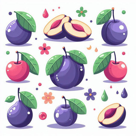 Set of plum fruits with leaves and water drops. Vector illustration.のイラスト素材