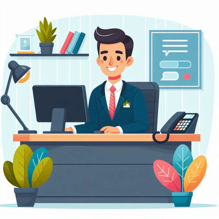 Businessman working at his desk in office. Vector illustration in cartoon styleのイラスト素材