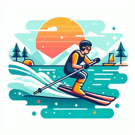 Man on a rowing boat in the mountains. Vector illustration.のイラスト素材