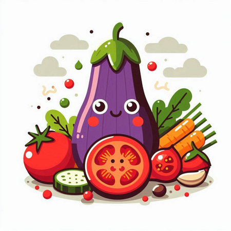 Illustration of a cute eggplant, carrot, tomato and cucumberのイラスト素材