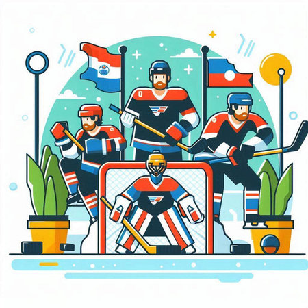 Ice hockey players on the ice. Vector illustration in flat style.のイラスト素材