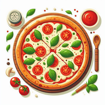 Pizza with mozzarella, tomato and basil. Vector illustration.のイラスト素材