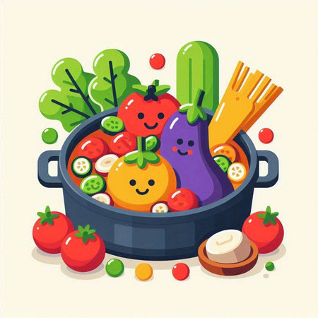 Vegetables in a cooking pot. Vector illustration in cartoon style.のイラスト素材