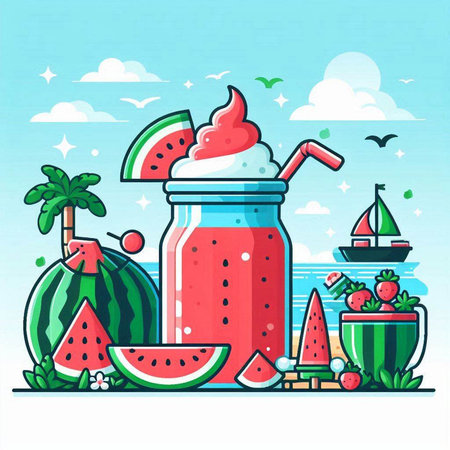 Vector illustration of fresh watermelon smoothie in a glass jar on the background of summer landscape.のイラスト素材