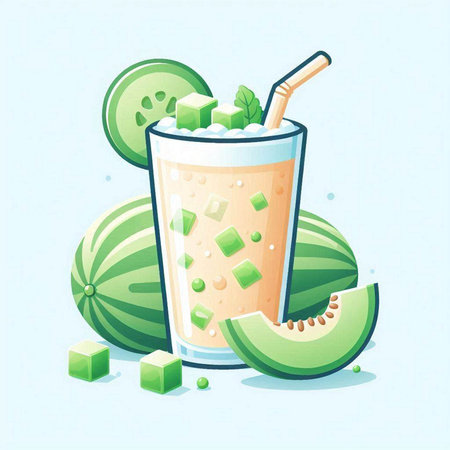 Illustration of a glass of melon smoothie with mint and ice cubesのイラスト素材