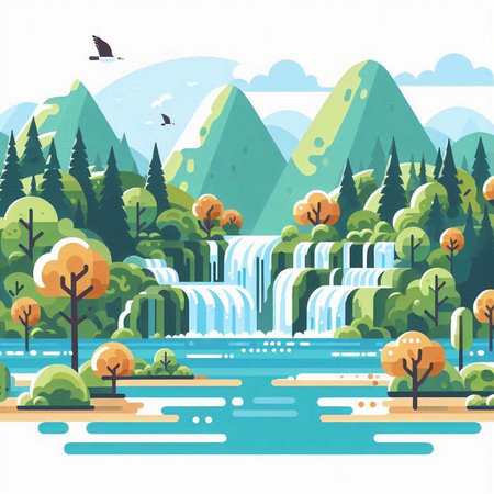Waterfall in the forest. Vector illustration in flat cartoon style.のイラスト素材