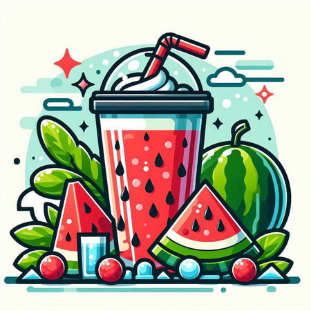 Watermelon smoothie in a plastic cup with a straw. Vector illustration.のイラスト素材