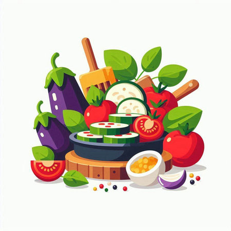 Vegetables vector illustration. Tomato, eggplant, cucumber, pepper, onion, garlic, parsley, olive oil.のイラスト素材