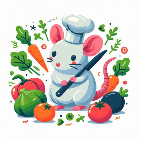 Cute mouse chef with vegetables. Vector illustration in cartoon style.のイラスト素材