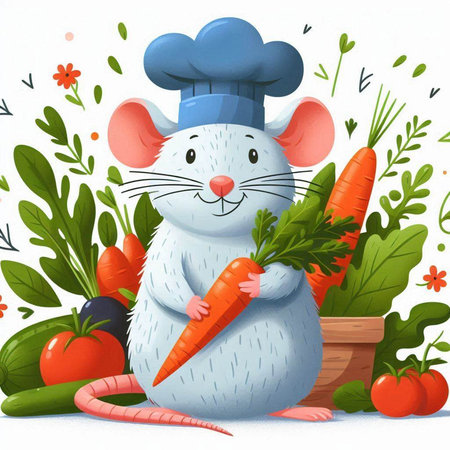 Rat chef with carrot and vegetables. Vector illustration in a cartoon style.のイラスト素材