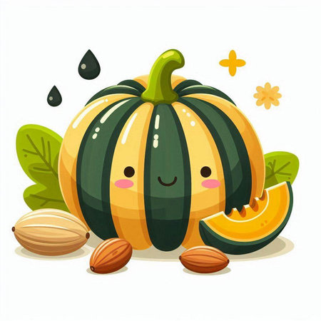Pumpkin character with leaves and seeds. Cute cartoon vector illustration.のイラスト素材