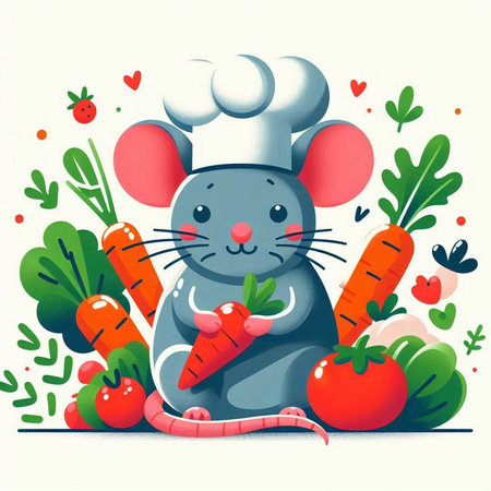 Cute cartoon mouse chef with carrot and vegetables. Vector illustration.のイラスト素材