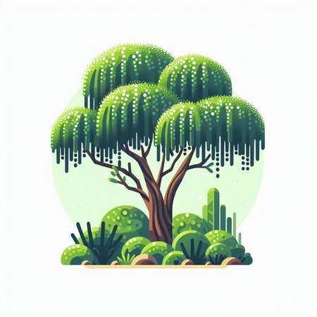Vector illustration of a big green tree in the jungle. Cartoon style.のイラスト素材