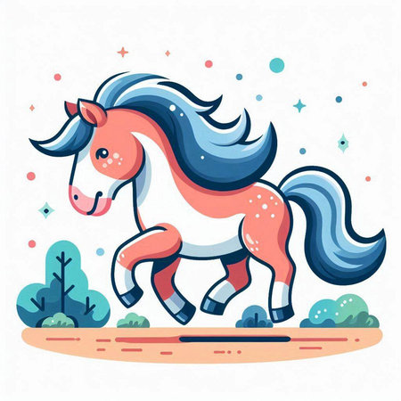 Cute cartoon horse running in the park. Colorful vector illustration.のイラスト素材