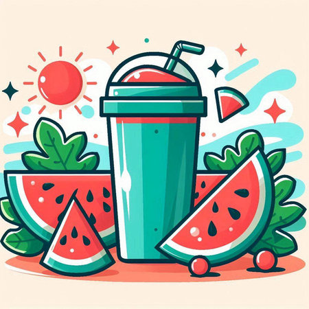Vector illustration of watermelon smoothie in a glass with a straw and watermelon slices.のイラスト素材
