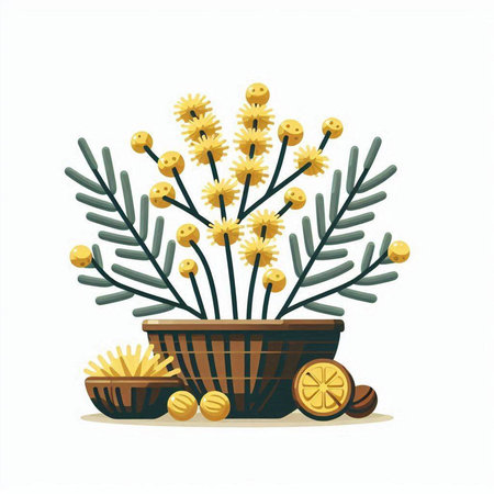 Bouquet of yellow flowers in a wicker basket. Vector illustration.のイラスト素材