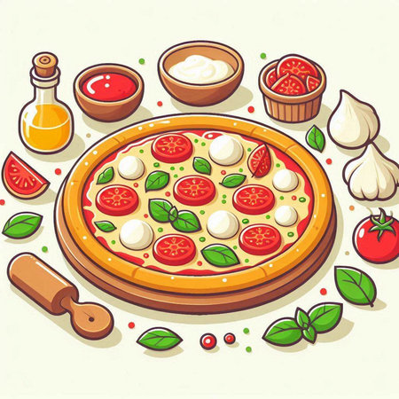 Pizza with mozzarella, tomatoes and basil. Vector illustrationのイラスト素材