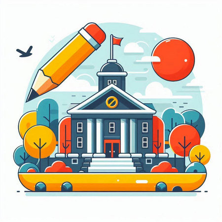School building and pencil. Vector illustration in flat cartoon style on white background.のイラスト素材