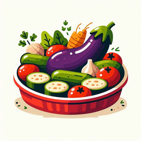 Vector illustration of a bowl with fresh vegetables. Vegetarian food.のイラスト素材