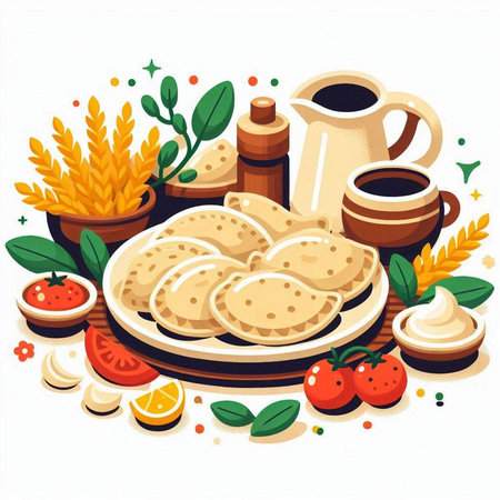 Illustration of a plate with pancakes, sour cream and other dishes.のイラスト素材