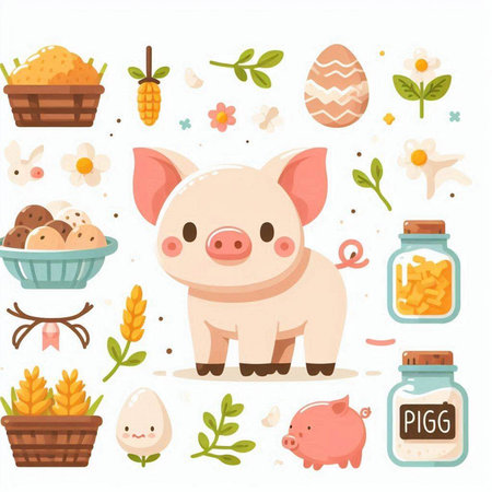 Set of cute farm animals. Pig, chicken, pig, pig, pig, pig, egg, piglet, piglet, piglet, piglet, piglet. Vector illustrationのイラスト素材