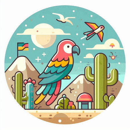 Cactus and parrot in the desert. Vector illustration in flat styleのイラスト素材