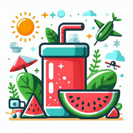 Watermelon smoothie and fresh watermelon slices in flat style. Vector illustration.のイラスト素材