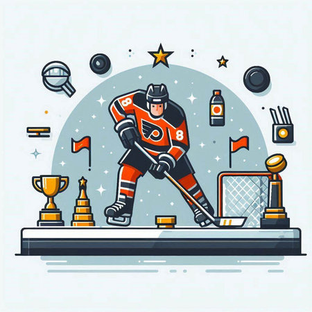 Hockey player. Vector illustration in flat linear style on the theme of sport.のイラスト素材